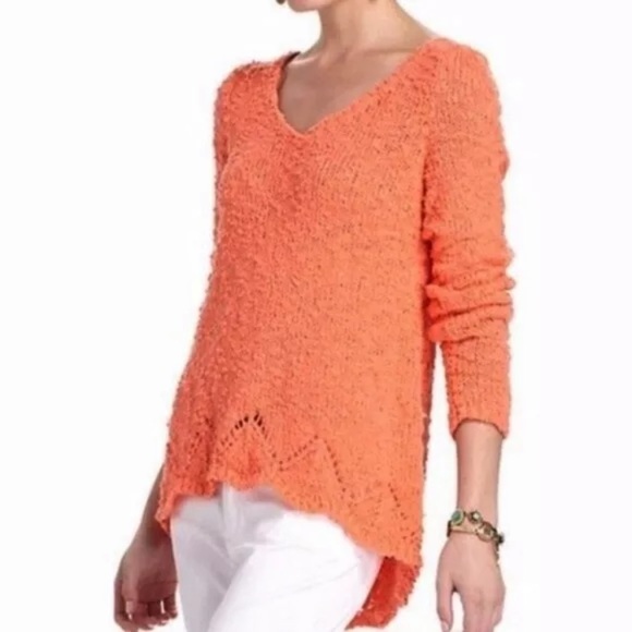 Anthropologie Yellow Bird Pointelle Sweater Coral V-neck nubby twist back hi low - Picture 3 of 11
